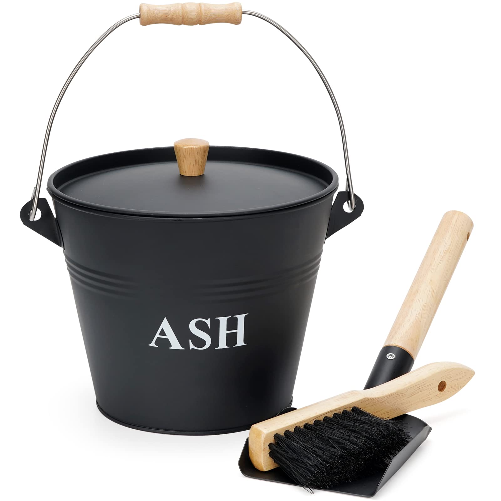 Mini Ash Bucket With Lid, Shovel And Broom, 1.5 Gallon Fireplace Metal Bucket With Lid, Charcoal Bucket And Ash Can For Fireplac