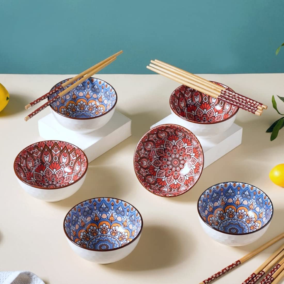 Nestasia Ceramic Bowl Set Of 6 With Chopsticks | Microwave & Dishwasher Safe Bowl With Mandala Pattern | Perfect For Snacks, Sou