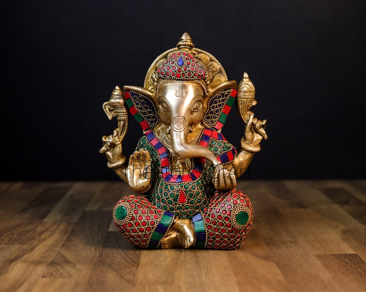 Mridaya Brass Ganesha Statue With Mosaic Stonework, 21 Cm Brass Ganesh Statue, Ganpati Idol, Good Luck Gift For New Beginnings, 