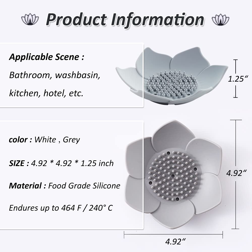 Leuapl Silicone Soap Dishes - 2 Pack, White & Grey, Draining Design for Shower, Sink & Bathtub