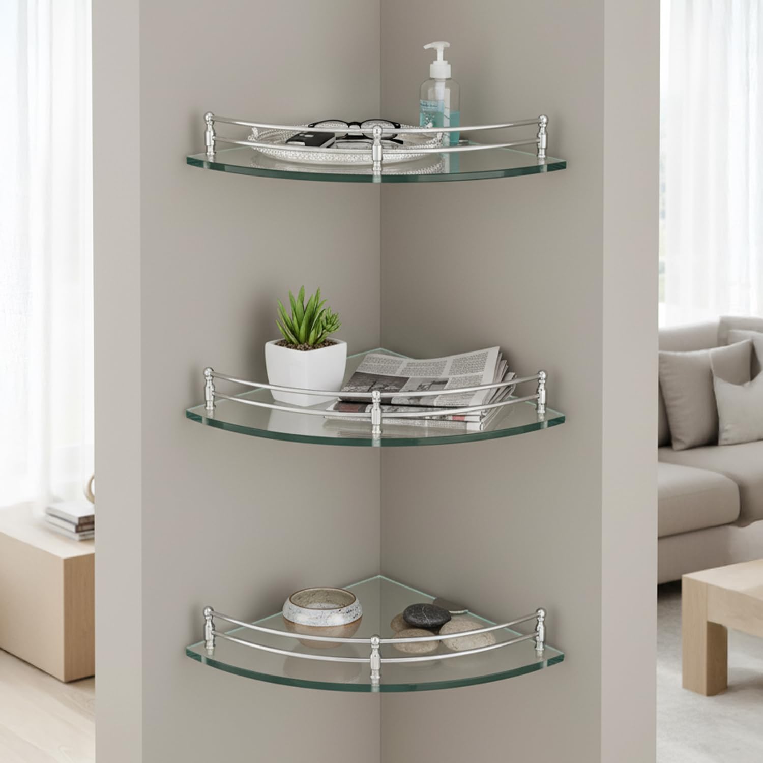 Amazon Basics Glass Bathroom Corner Shelf With Stainless Steel Railings | Pack Of 3 | Transparent | 9X9 Inch | RustResistant Sp