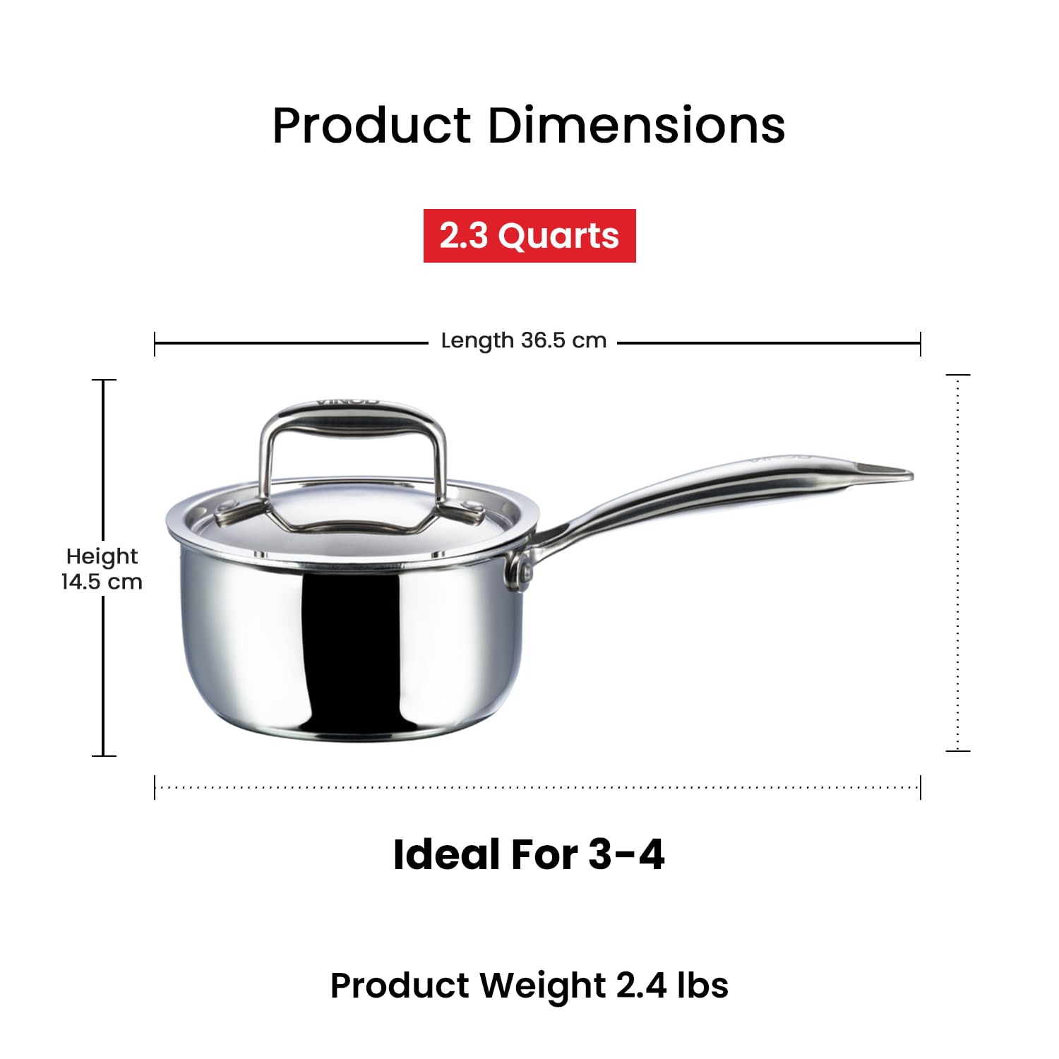 Vinod Platinum Triply Stainless Steel Saucepan with Lid - 2.2 litres (18 cm) | 2.5 mm Thick | Tea, Chai Pan | 5 Year Warranty |
