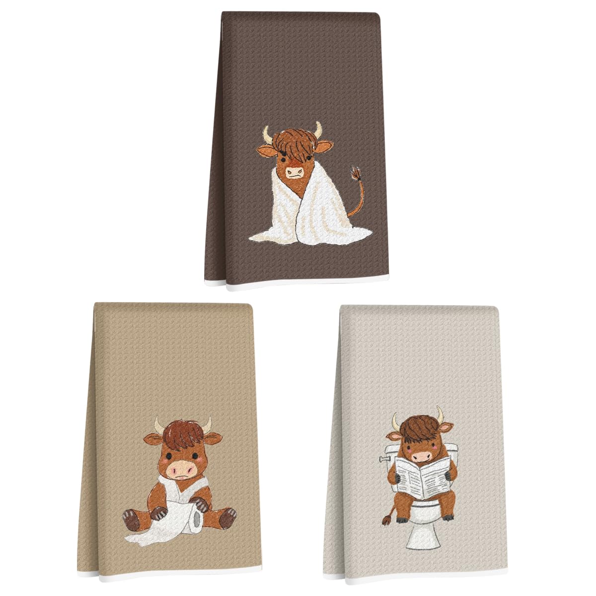 3 Pcs Funny Highland Cow Hand Towel for Bathroom, Cow Farmhouse Decorative Bath Towels for Bathroom Kitchen Decor Country Farm H