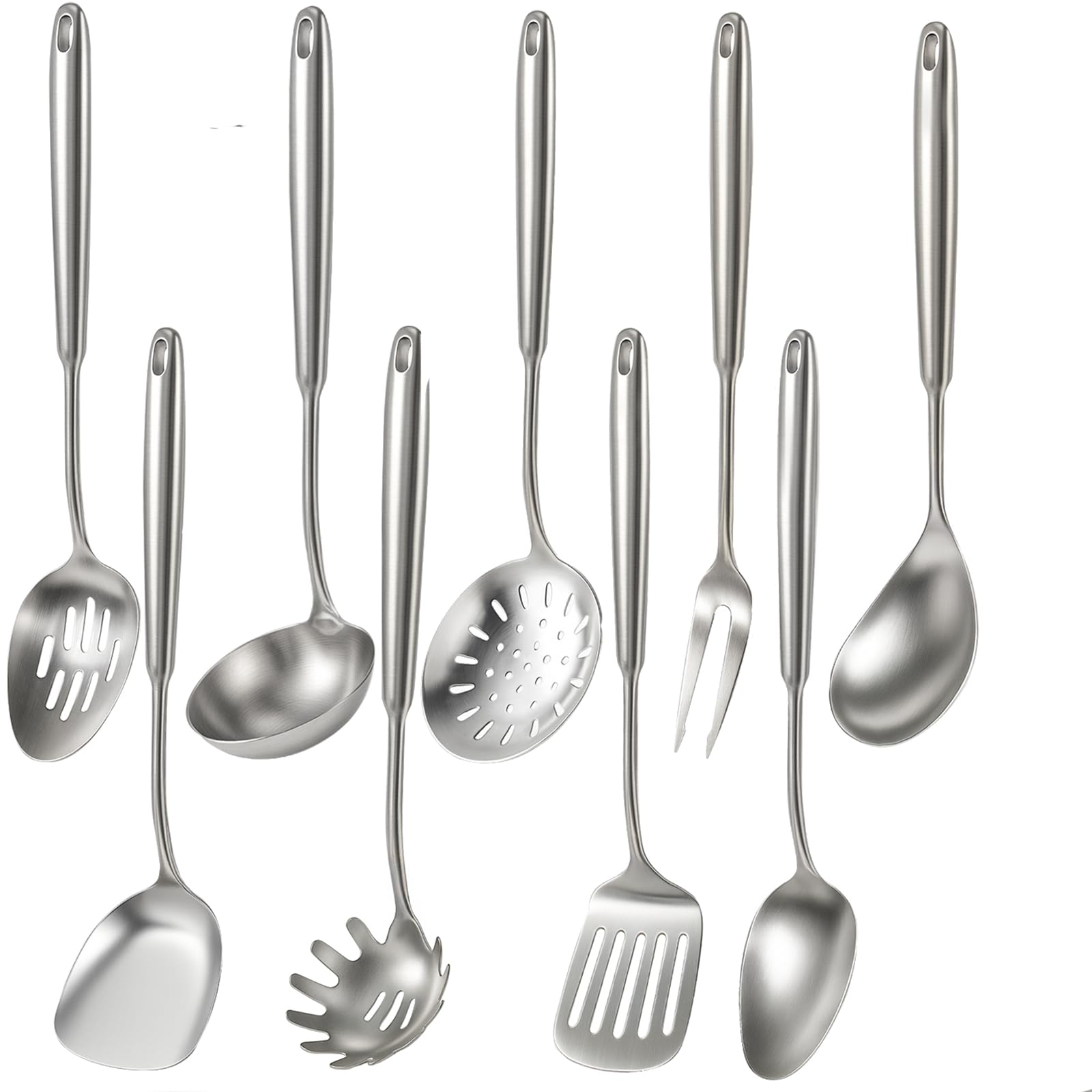 Newness 9 Pcs Cooking Utensils Set, 304 Stainless Steel Kitchen Utensils Set, Metal Kitchen Accessories, Include Soup Ladle, Slo