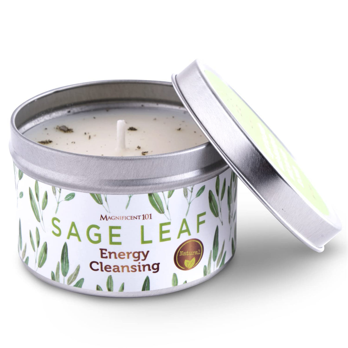 Magnificent 101 Sage Leaf Energy Cleansing Candle in 6-oz. Tin Holder: 100% Natural Soy Wax with Pure White Sage Leaves & Essent
