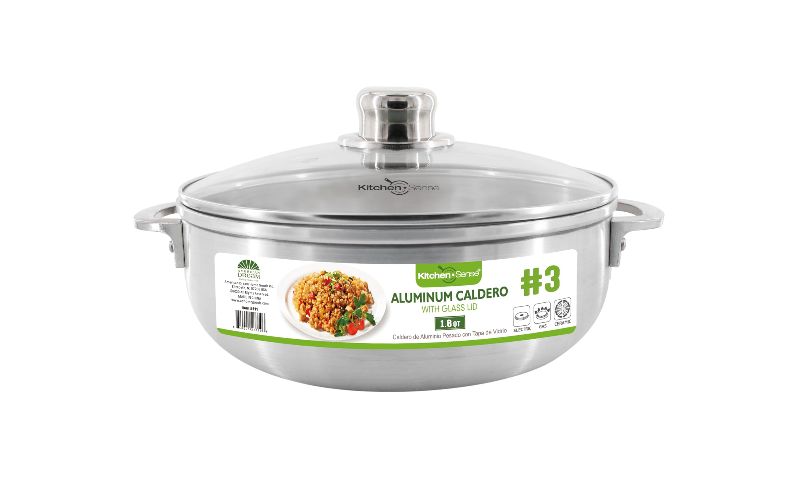 Kitchen Sense Polished Aluminum Caldero Dutch Oven Cauldron With Glass Lid, And Stainless Steel Knobs