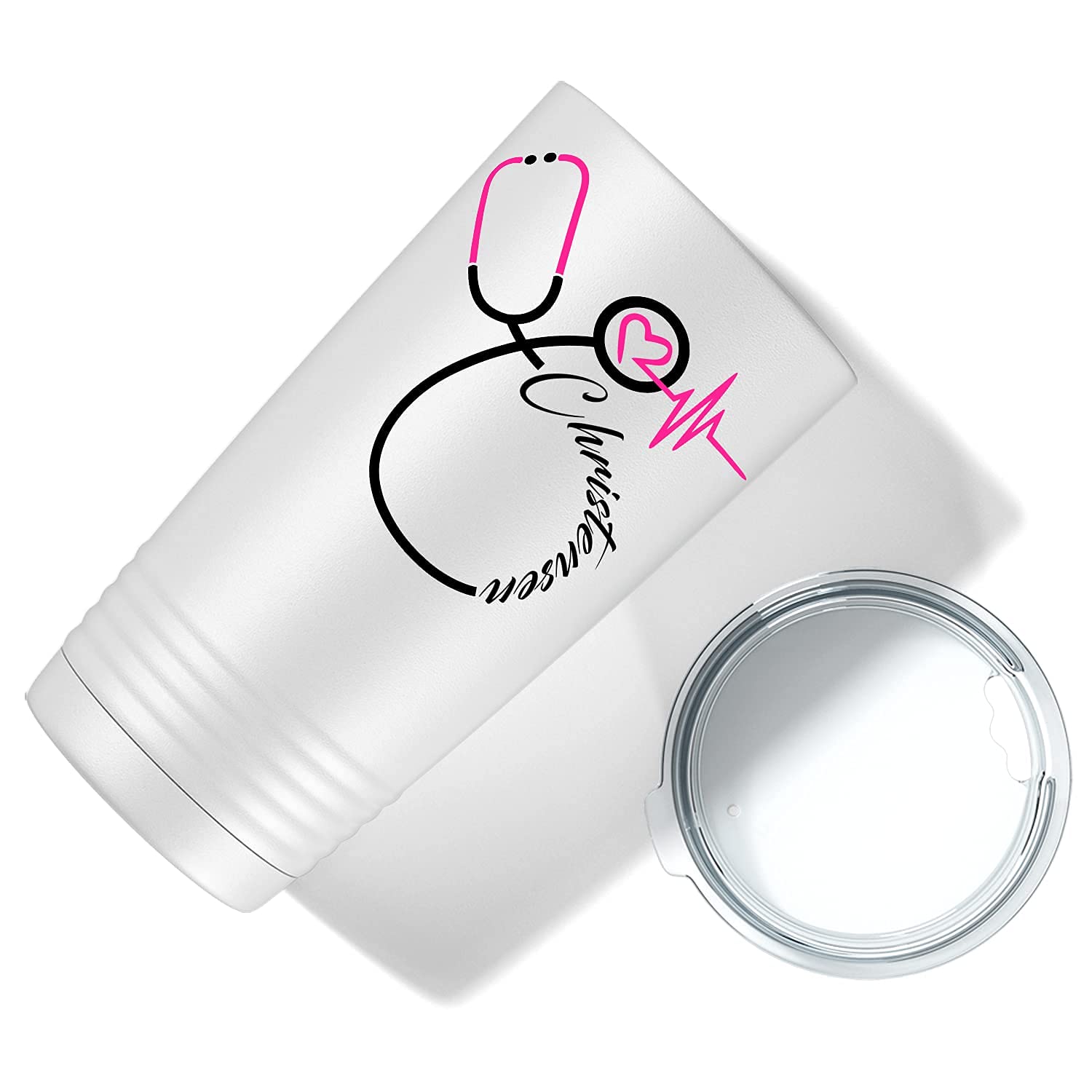 Cuptify Personalized Nurse Pink Stethoscope White 20 Oz Stainless Steel Nurse Tumbler Gift