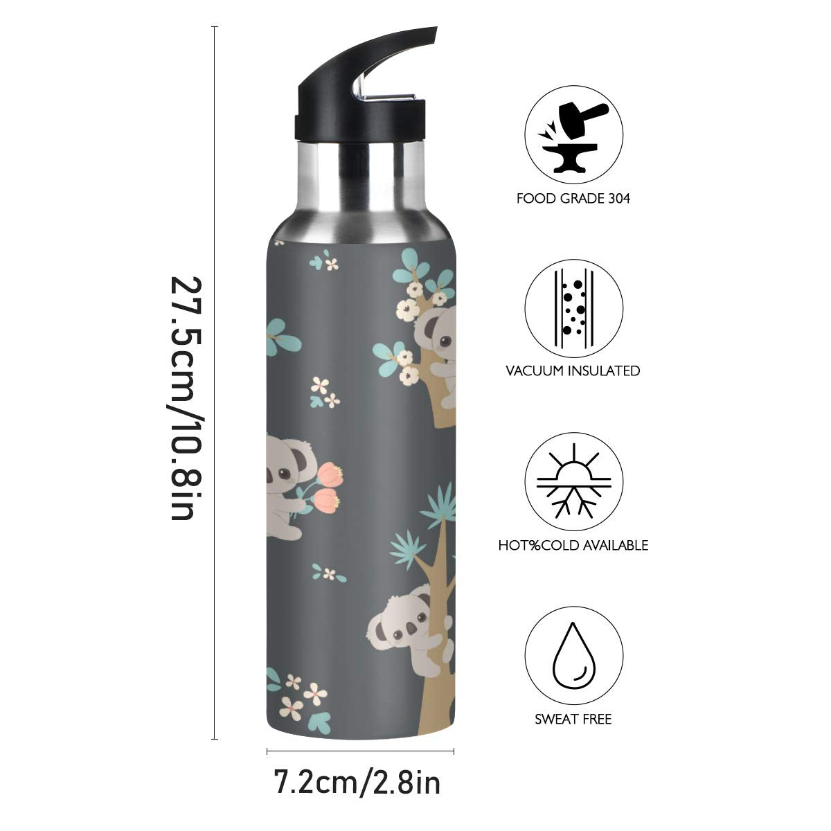Cute Koala Water Bottle Kids Stainless Steel Vacuum Insulated Water Flask Sandard Mouth Bottle With Wide Handle