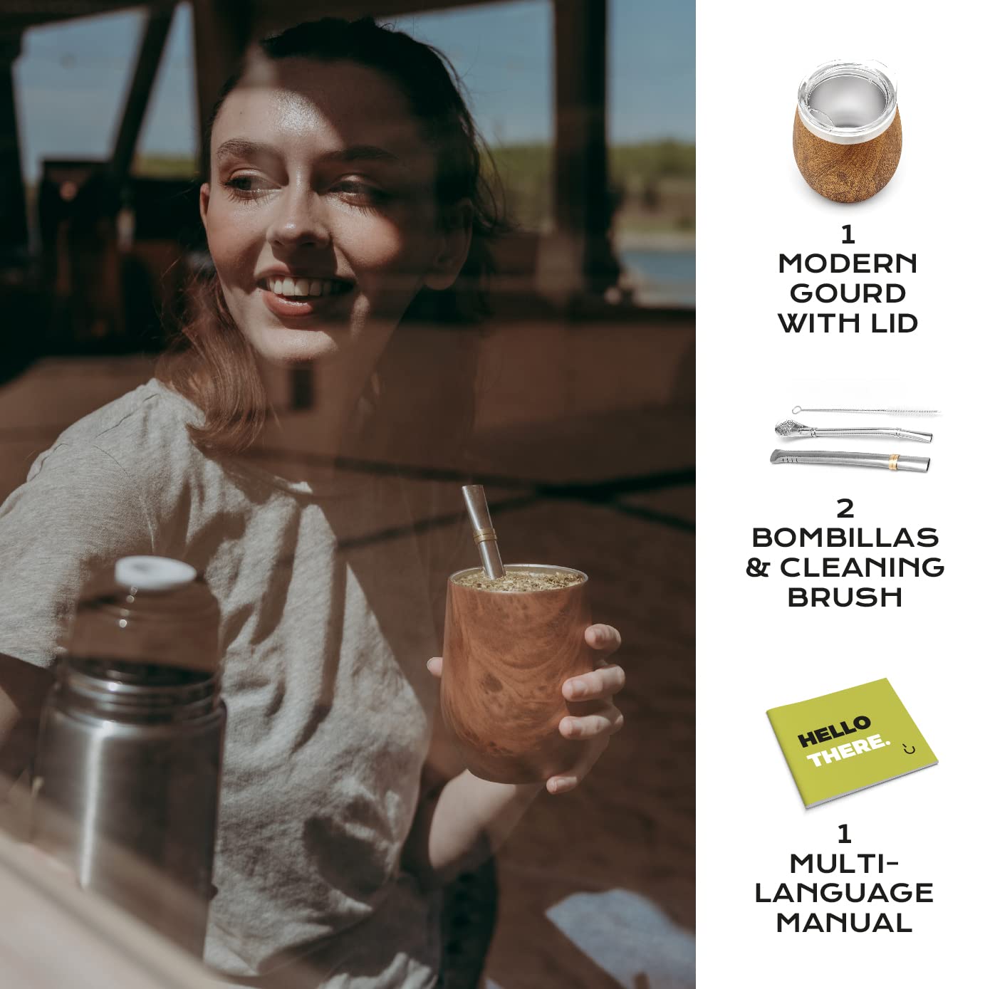 Balibetov 5 Pcs Large Yerba Mate Cup And Bombilla Kit, Includes One 8 Oz Yerba Mate Gourd With Lid, Two Bombillas Mate Straw And