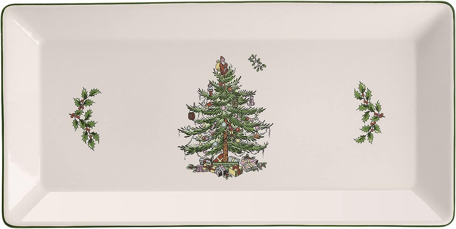 Spode Christmas Tree Collection Sandwich Tray  Serving Platter for Tea Sandwiches  Desserts  and Appetizers  Porcelain  Measures 14 Inch  Dishwasher Safe
