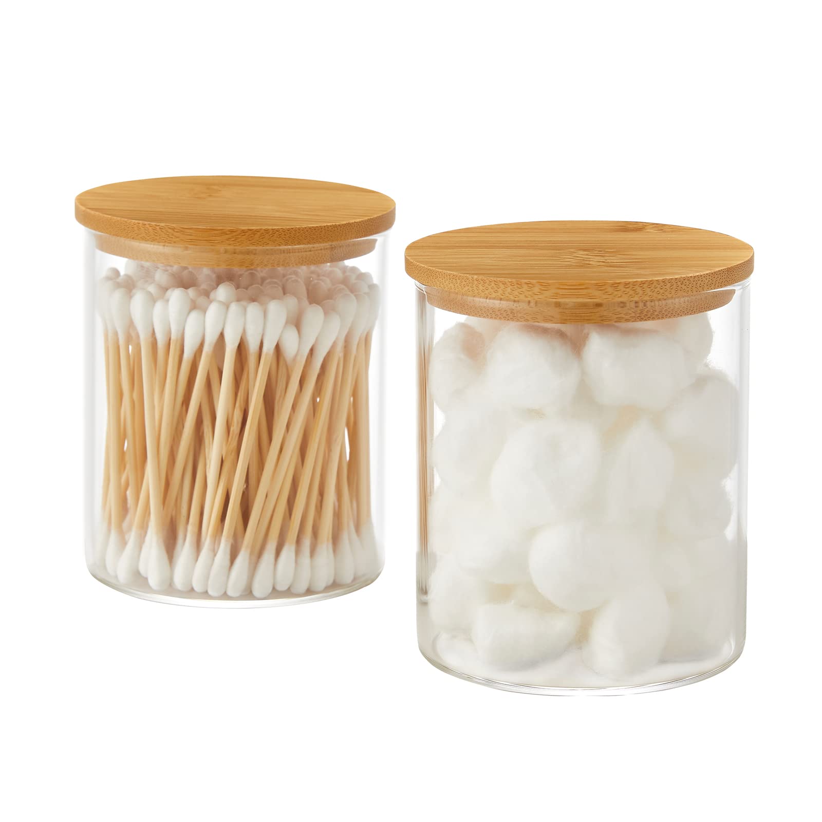 Iniunik Glass Qtip Holder Dispenser With Bamboo Lid - 2 Pack Apothecary Jars - Cotton Balls Pads Swabs Holder Jar - Bathroom Van