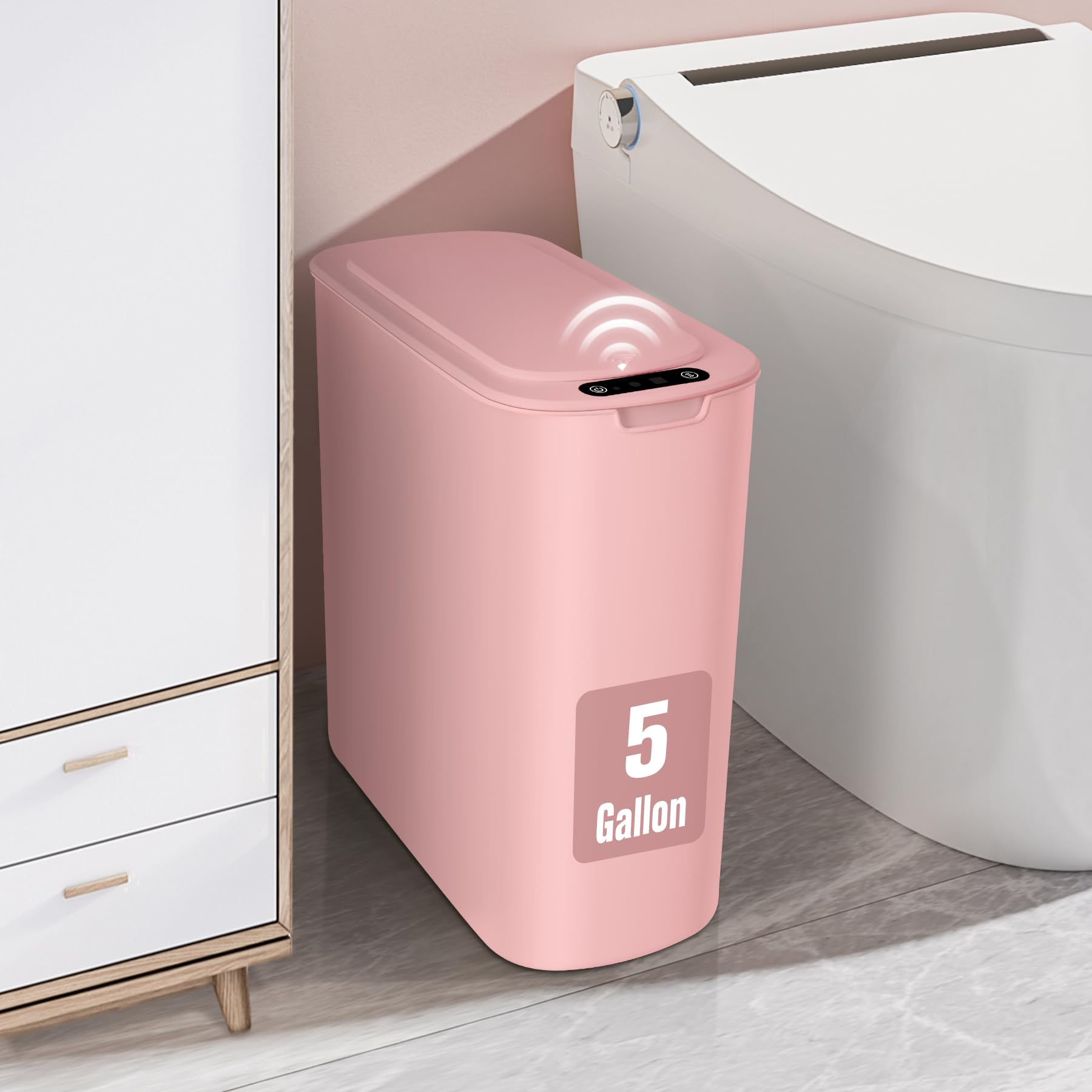 Cesun 5 Gallon Pink Automatic Bathroom Trash Can, Touchless Motion Sensor Garbage Can With Lid, Plastic Slim Cute Wastebasket Fo