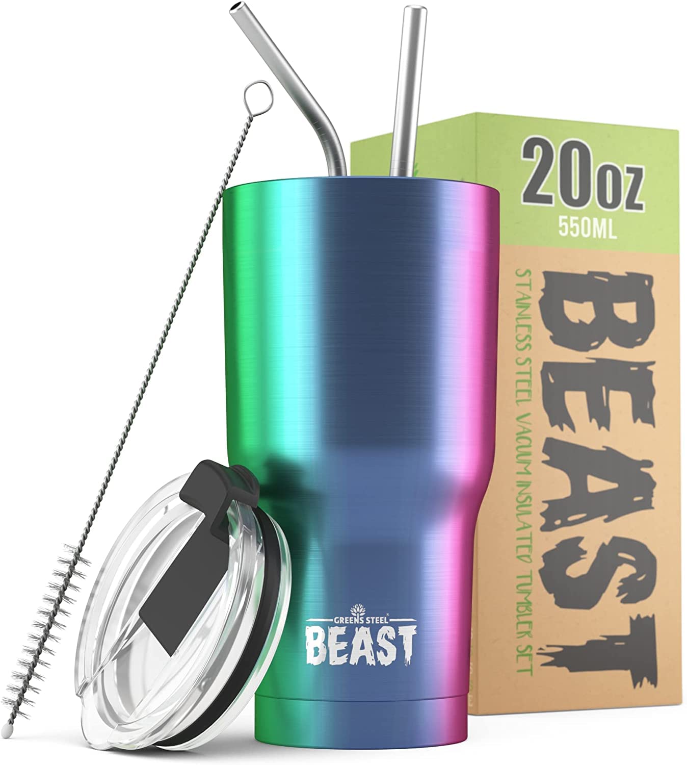 Beast 20 Oz Tumbler Stainless Steel Vacuum Insulated Coffee Ice Cup Double Wall Travel Flask (Rainbow)