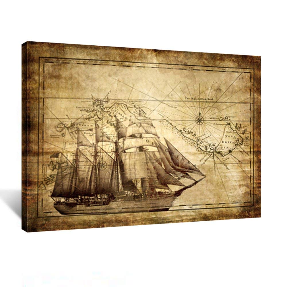 Kreative Arts Large Old World Map Sailing Map Painting Canvas Print Nautical Wall Art Prints Ready To Hang 40X30Inch