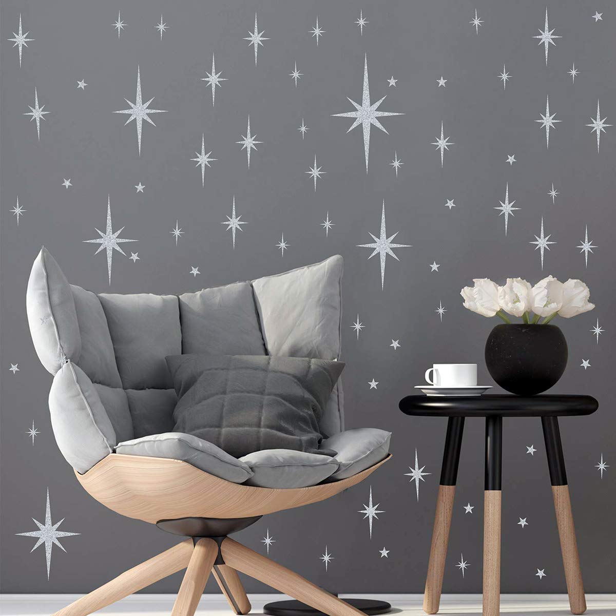 Easma Retro Starburst Wall Decals - 116pcs Vinyl Peel and Stick Stars - Vintage Silver Geometric Nursery Decor