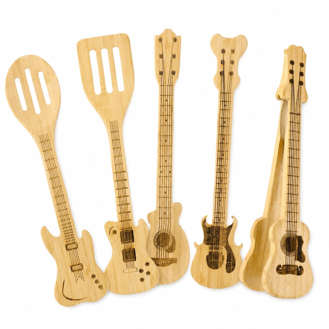 5 Pcs Guitar Shaped Wooden Utensil Set for Music Lovers Gifts