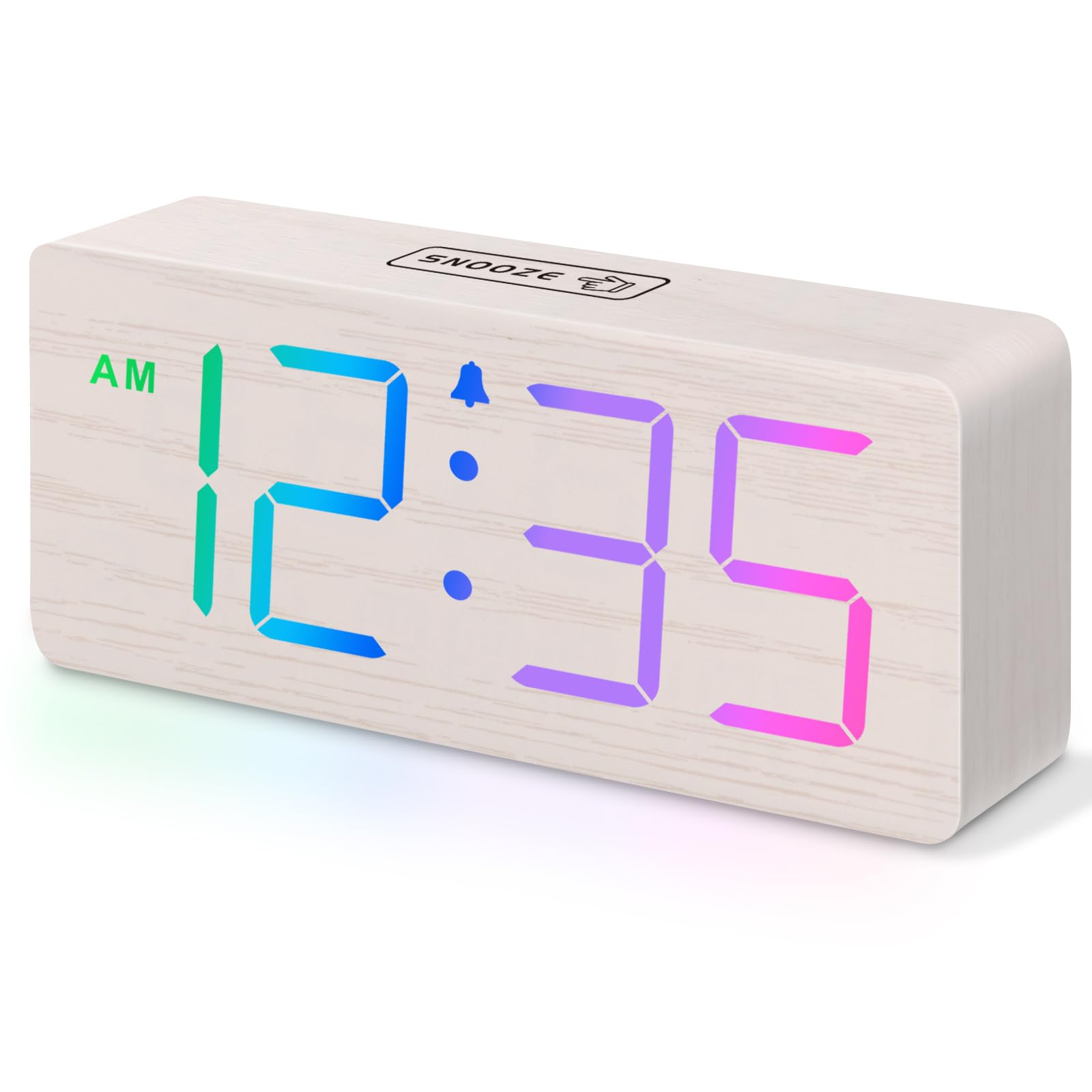 DreamSky Wooden Digital Clock for Bedroom Desk - RGB Loud Alarm Clock for Heavy Sleepers with Volume Control, Large Numbers with