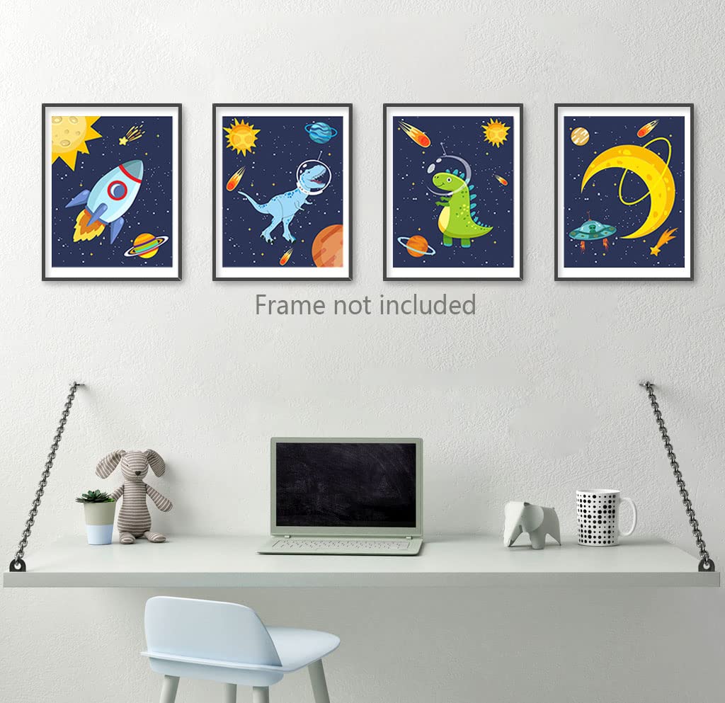 Heshengzaixian Dinosaur Wall Art Posters, Space Wall Decor For Boys Bedroom,Gift For Kids, Astronaut Decorate,Solar System Paint