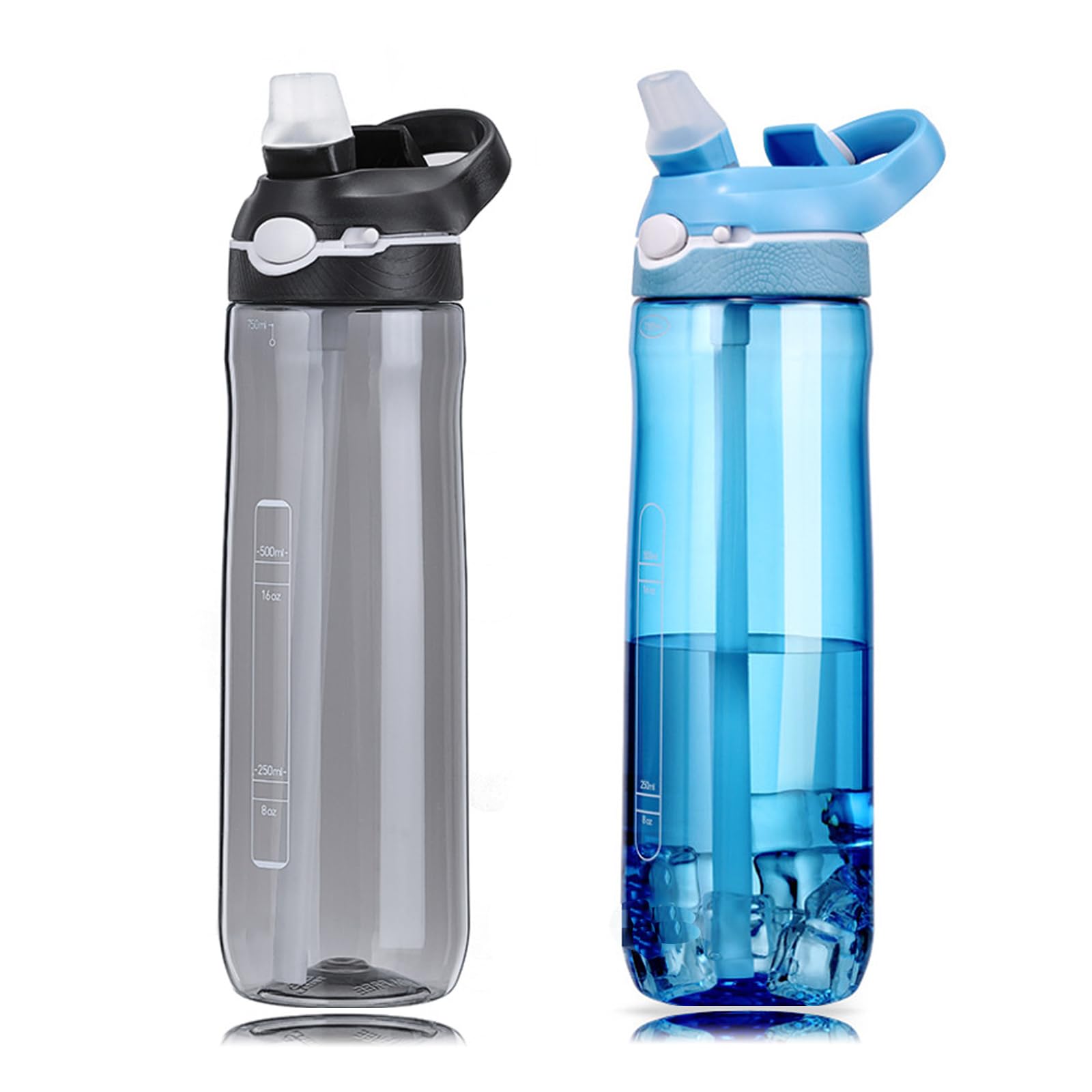 DEARART 2Pack 24oz Light Blue & Black Water Bottles With Straw, Leakproof BPA FREE Hidden Nozzle, Flip Up Lid Has Handle Wide B