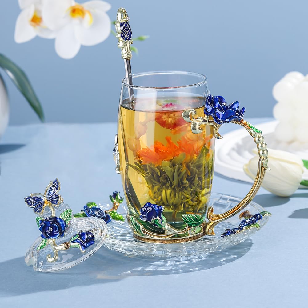 Lantree Glass Coffee Mug Birthday Christmas Gift For Women Mom Sister Girlfriend Coworker Flower Butterfly Tea Cup Antique Coffe