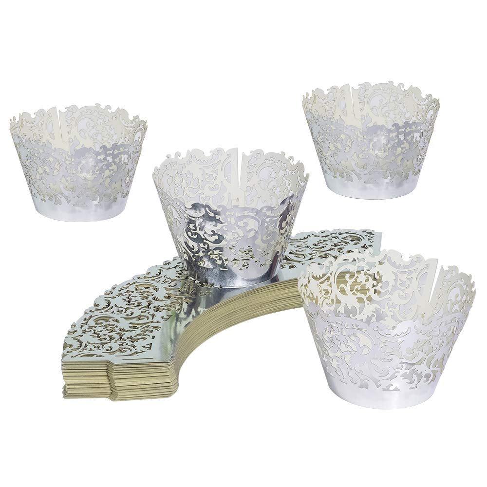 Yozatia 60 Silver Vine Lace Cupcake Wrapper, Laser Cut Cupcake Liners For Weddings Birthdays Tea Parties And Any Special Event-
