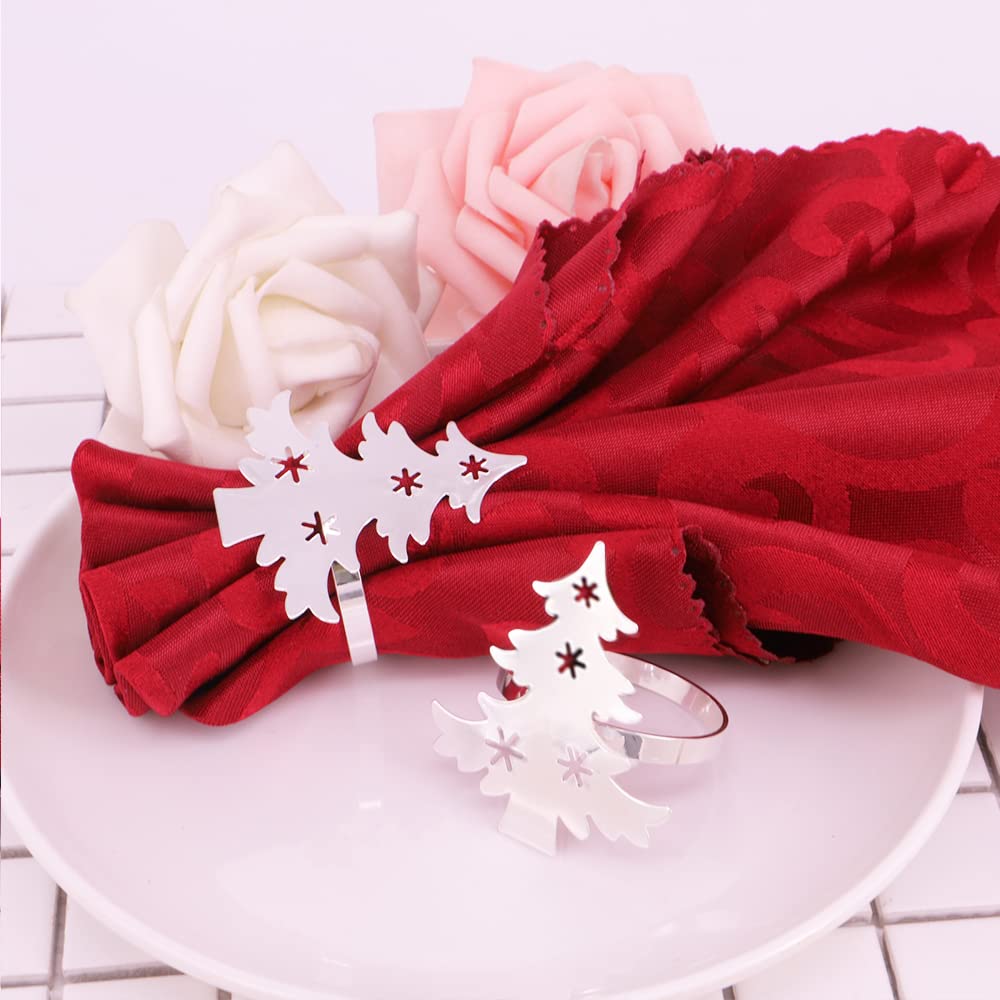 Qtkj Set Of 12 Cute Christmas Tree Napkin Rings With Hollowed Out Snowflake, Metal Napkin Buckles Holder For Christmas, Wedding,