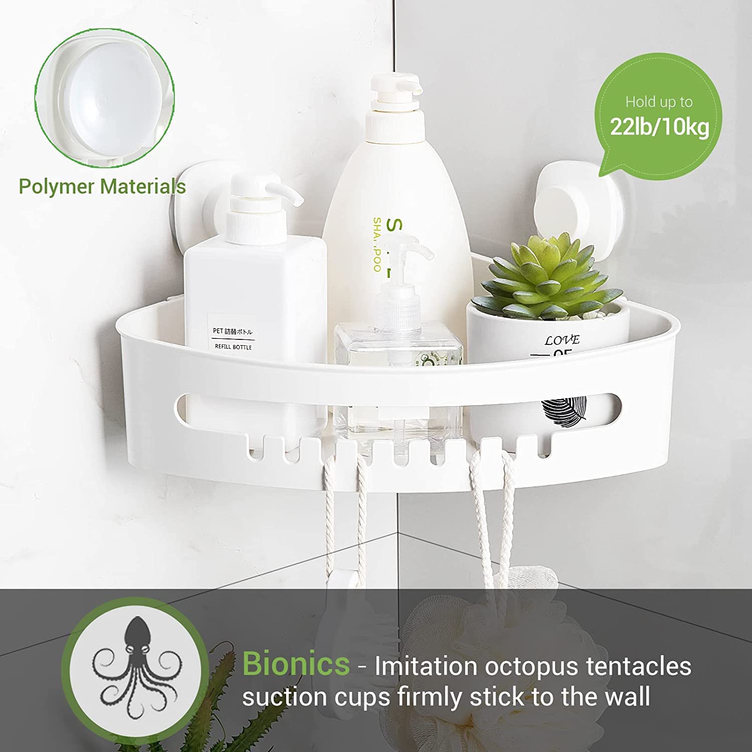Luxear Corner Shower Caddy Suction Cup No-Drilling Removable Shower Caddy Basket Powerful Suction Bathroom Shower Shelf Waterpro