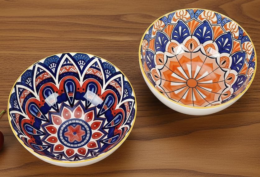 Ceramic Bowls Set Of 2 | Multicolor Designer Serving Bowls For Snacks, Curry, Dal, Salad & Dessert | Microwave & Dishwasher Safe