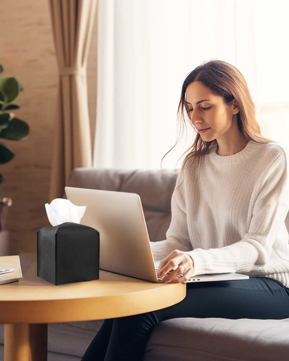 Leather Tissue Box Cover Square - Tissue Holder With Bottom Belt [Jesmini, Black] Aesthetic Pu Leather Tissue Box Holder Decorat