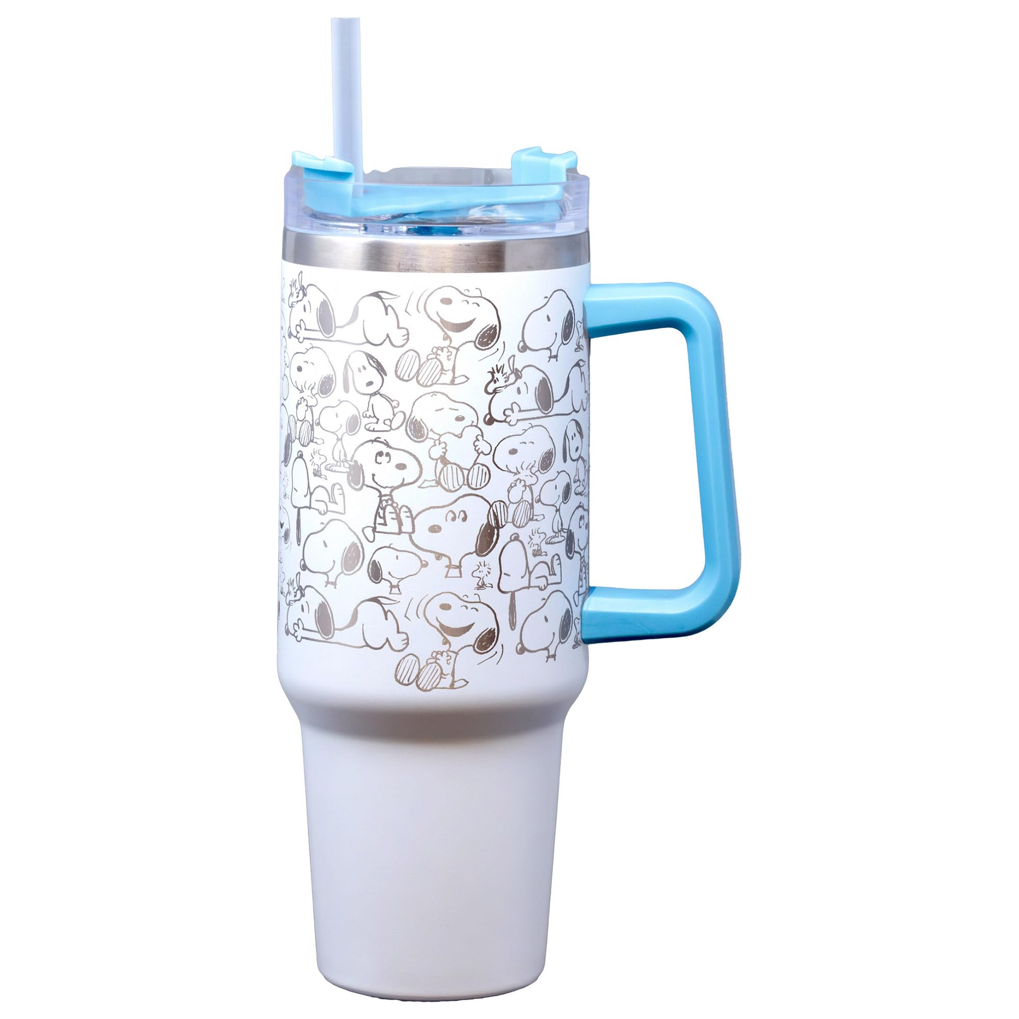 Spoontiques Etched Peanuts Stainless Steel Travel Mug, 40oz - Double Wall Insulation, Sturdy Handle, Sliding Lock Travel Lid - S