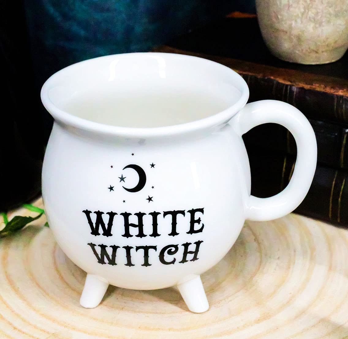 Ebros Wicca Sacred Crescent Moon And Stars White Witch Cauldron Mug Cup With Handle 14oz Coffee Tea Drink Cup Mugs Witches Occul