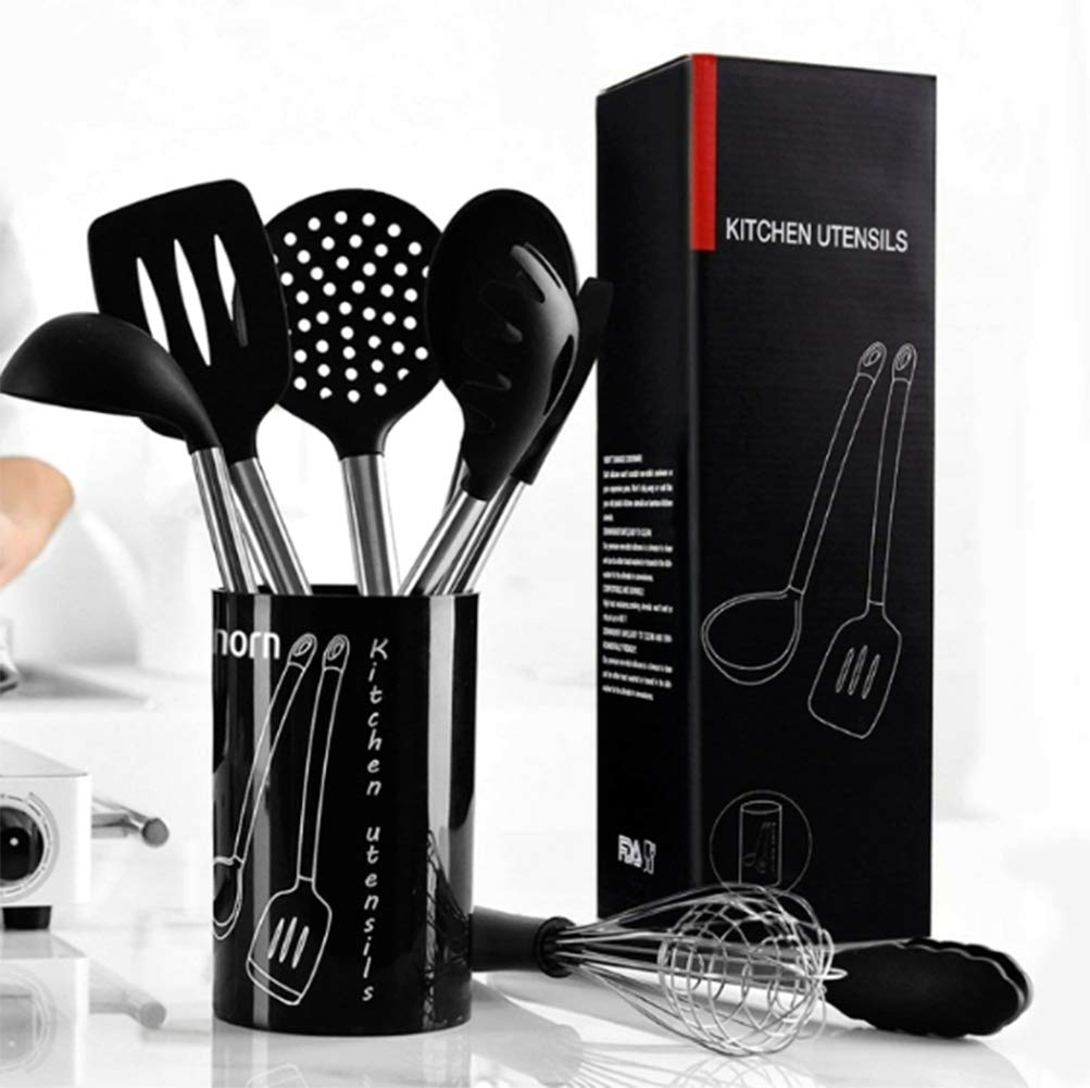 Hoshen 9-Piece Silicone Cookware Set Kitchen Utensils, Non-Stick Heat-Resistant Silicone, Stainless Steel Handle - Black