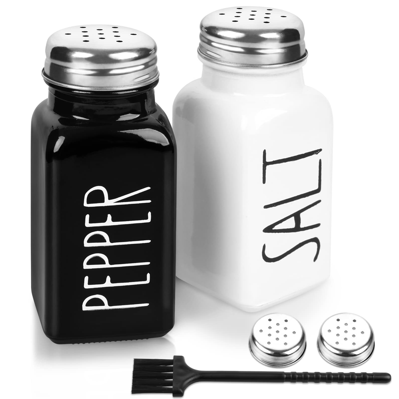 2 Pack Salt And Pepper Shakers Set, Glass Shaker With Stainless Steel Lid, Modern And Cute Farmhouse (Black And White)