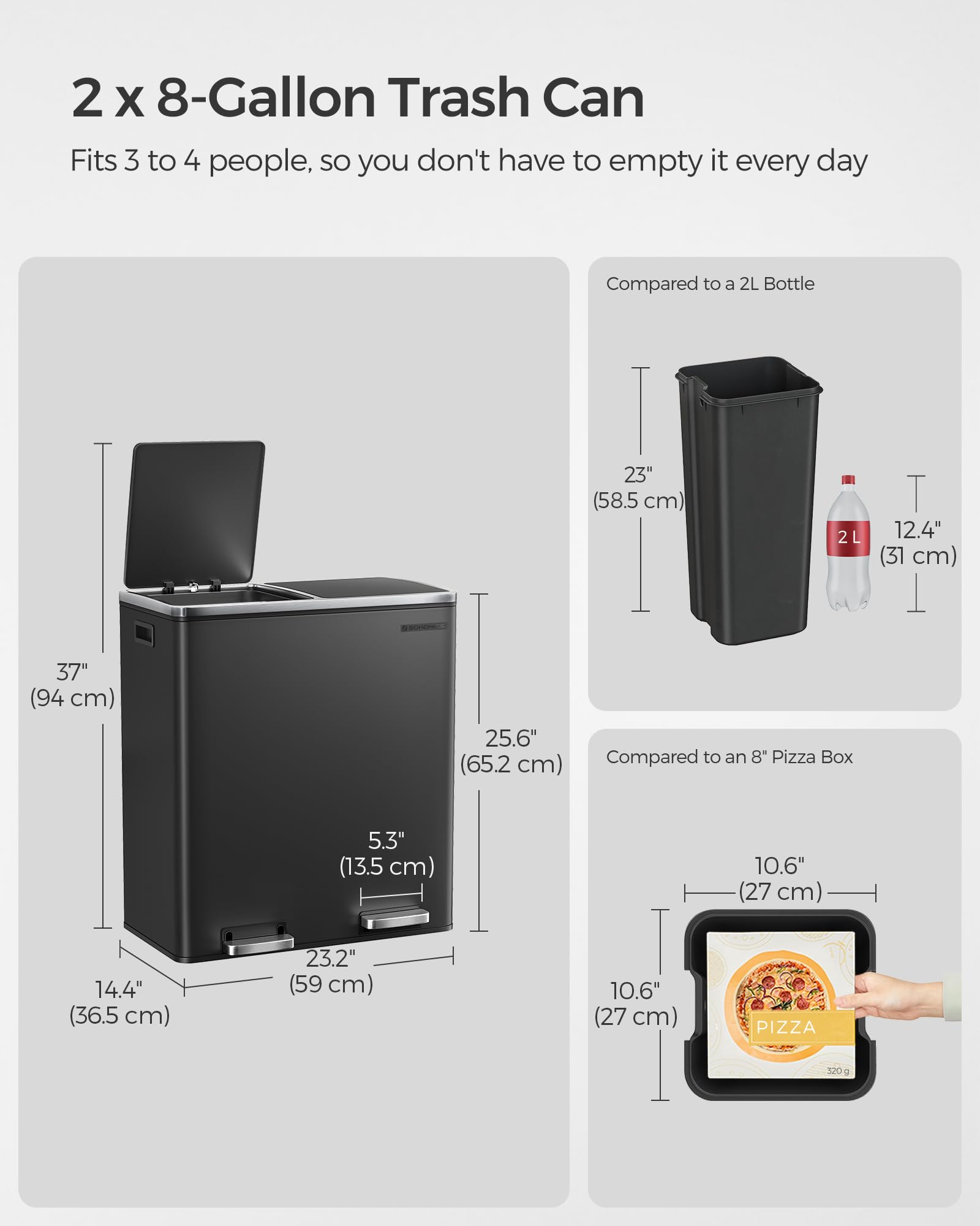 Songmics, Plastic, Hinged Lids, Handles Dual Garbage Can, 16 Gal (60L) Rubbish 15 Trash Bags, Metal Step Bin, With Inner Buckets
