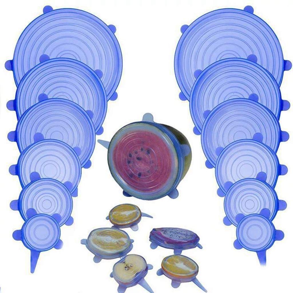 Flexible Silicone Stretch Lids Round Reusable Food Covers For Bowl Cup Dish Silicone Food Wrap Food Grade 6Pcs (Blue)