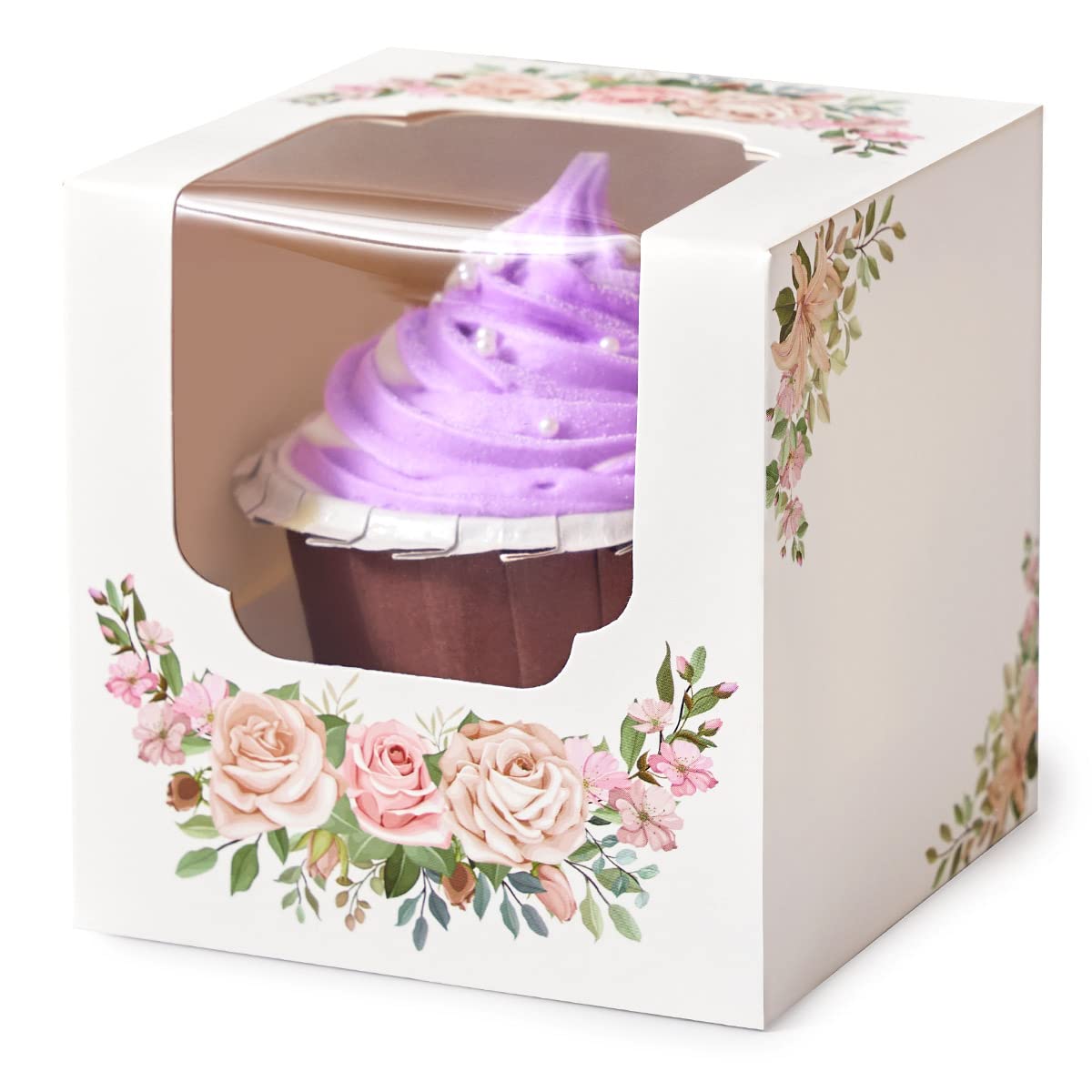 Shallive Pink Floral Mothers Day Cupcake Boxes Individual 60 Pcs with Pink Flowers with Window, 3.5 Single Containers Valentines