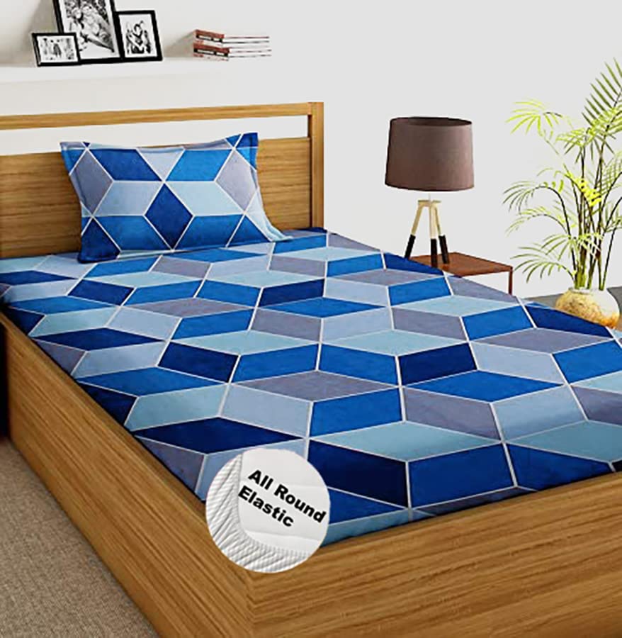 Spanglehomes Geometric 300 Tc 100% Soft Glace Cotton Elastic Fitted Single Bed Bedsheet With 1 Large Pillow Cover (Single Bed 36