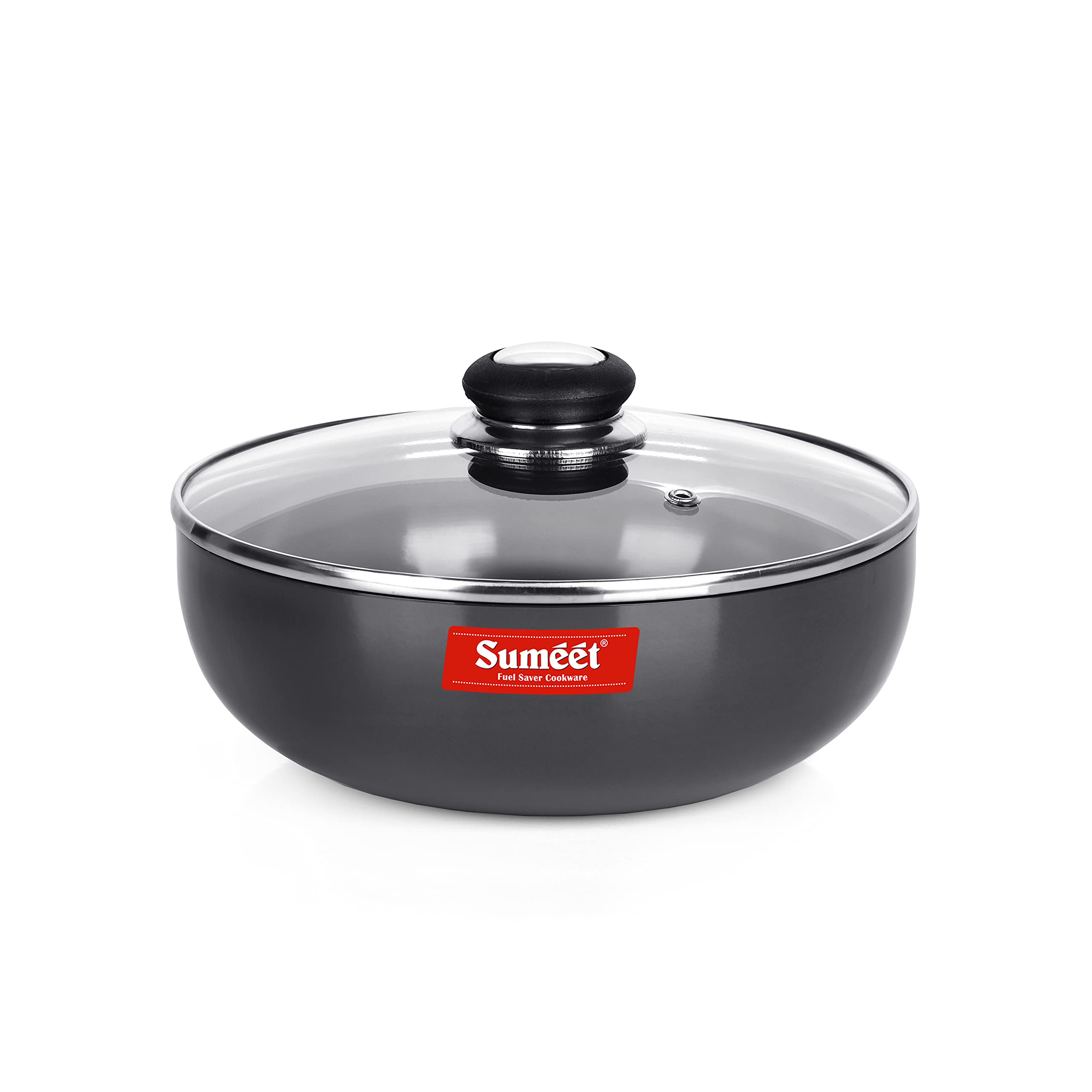 Sumeet 3mm Hard Anodized Deep Tasla with Glass Lid Size No. - 11 (20cm Dia. 1.8 LTR Capacity)