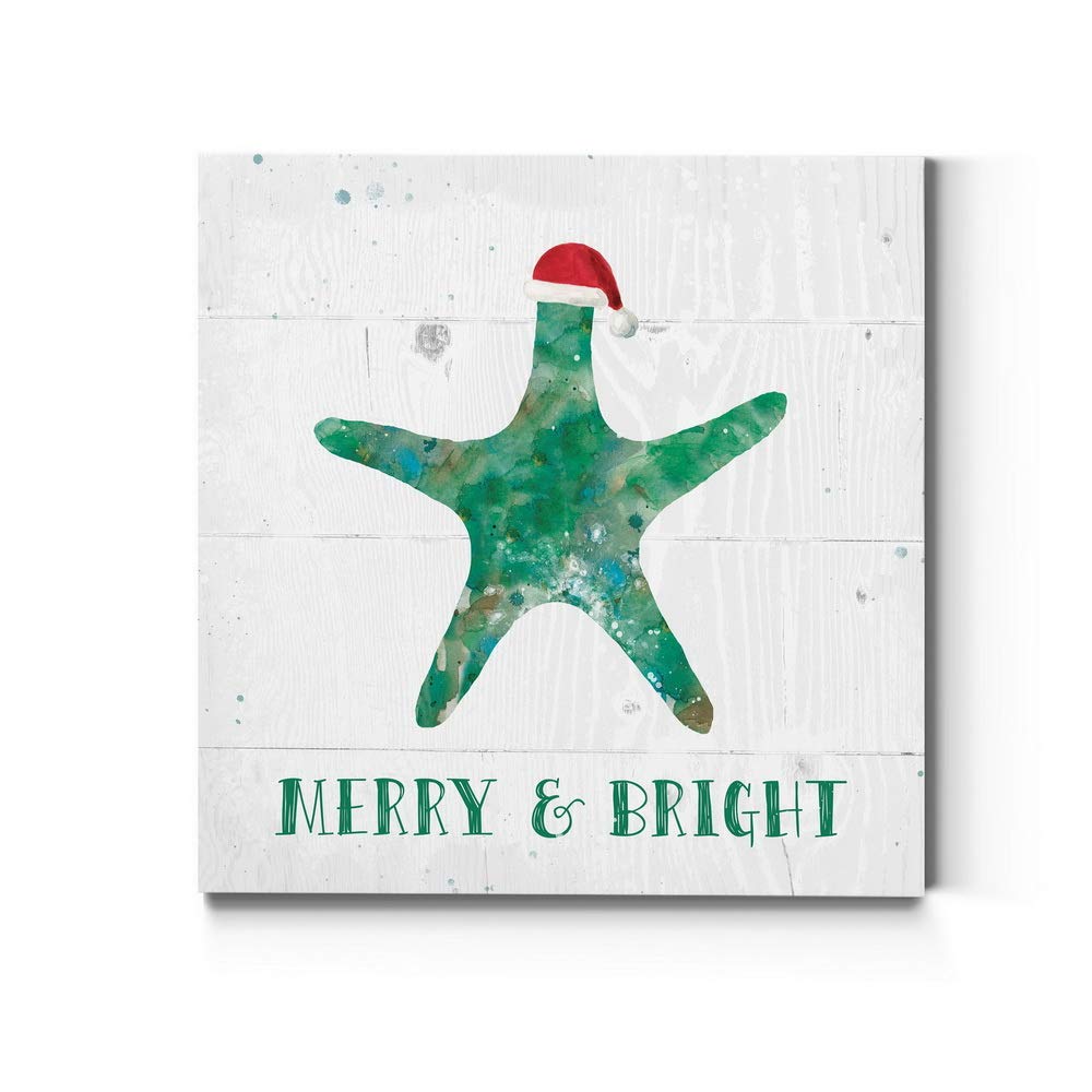 Renditions Gallery Starfish With Santa Hat Wall Art, Blue Green Winter Artwork, Ocean & Beach Themed Christmas, Premium Gallery