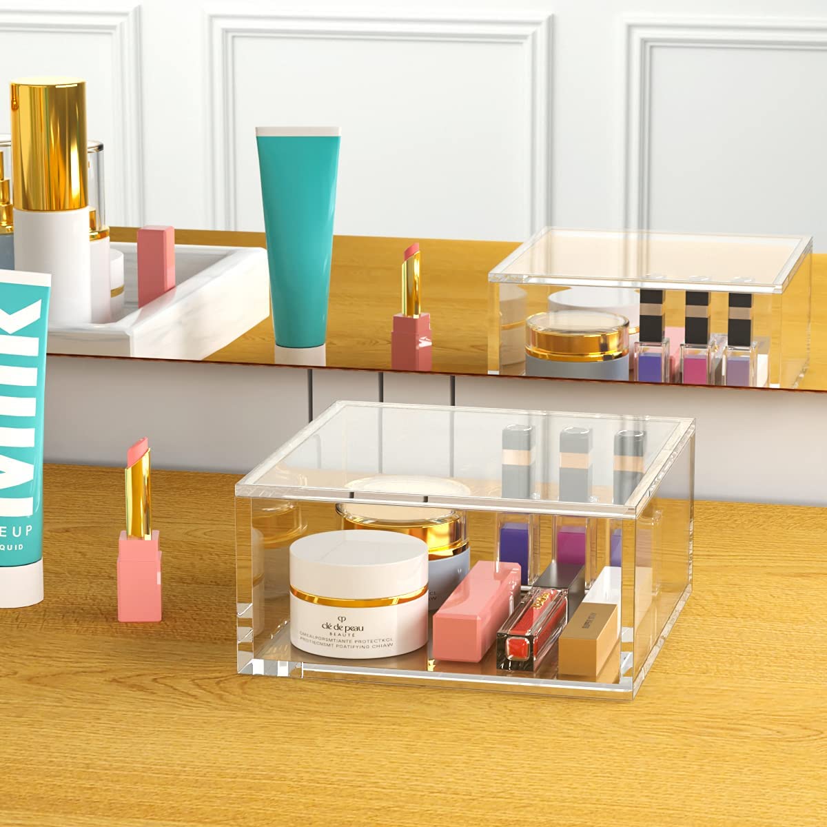 AITEE Decorative Acrylic Box with Lid, Clear Cube Display Case, Multi-Purpose Box Square Container for Holding Staples, Adhesive