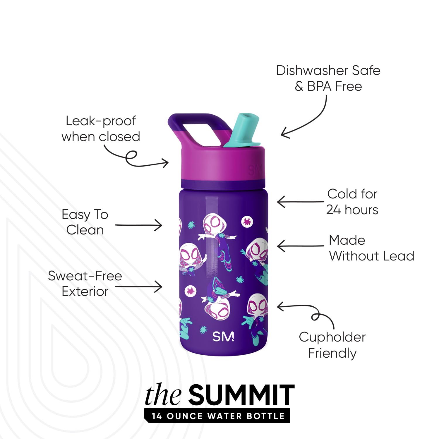 Simple Modern Kids Summit Water Bottle with Straw Lid | Marvel Spider-man 14oz Stainless Steel Cup Insulated Tumbler for Girls,