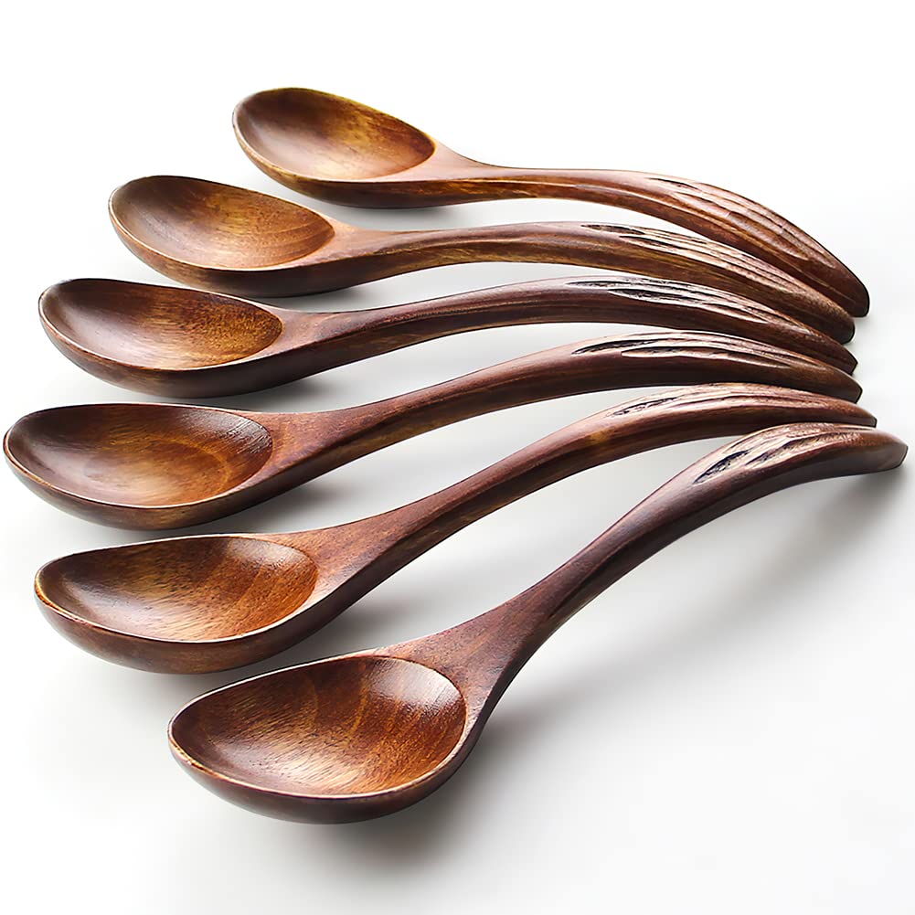Iqcwood Wooden Soup Spoons, Magic Spoon, Wooden Spoons For Eating, 6 Pieces 6.8 Inch Asian Soup Spoon, Magic Spoon For Salad Des