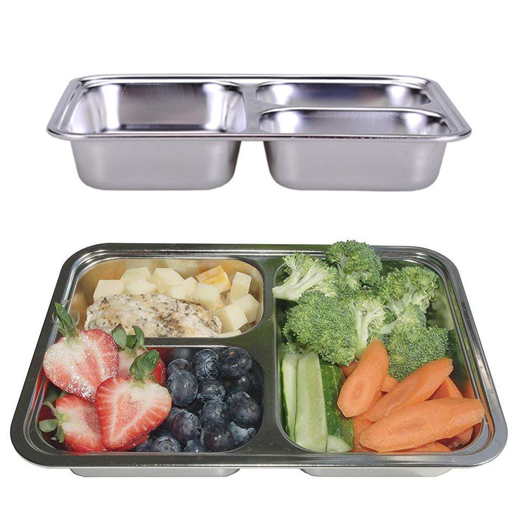Aiyoo Set Of 2 Stainless Steel Rectangular Divided Plates Tray 3 Sections Dinner Plates For Adults - Unbreakable Metal Plate For