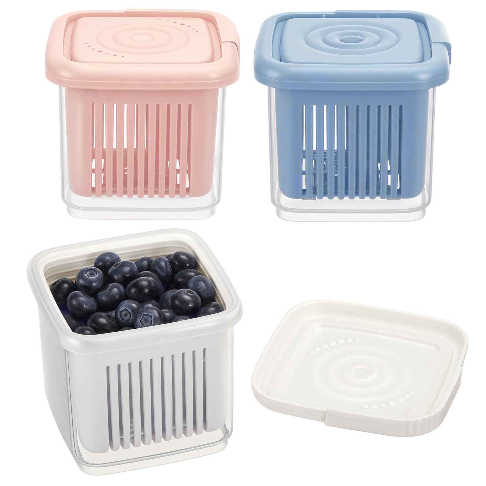 LemonRoad Set of 3 Berry Containers for Fridge, 1-Quart Berry Basket with Removable Colander, Kitchen Fruit Baskets for refriger