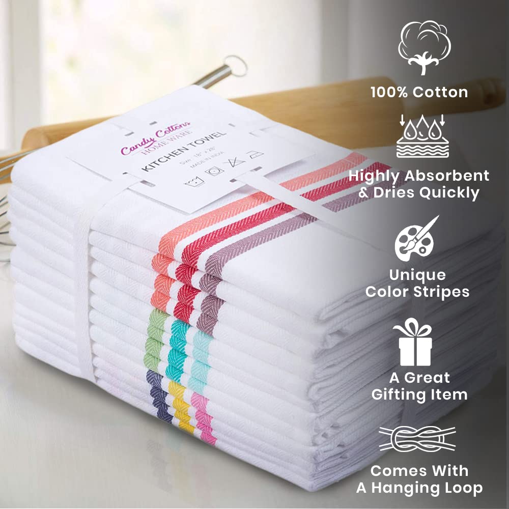 Candy Cottons Set of 12 Kitchen Dish Towels  100% Cotton Kitchen Towels  with Hanging Loop  Dishcloth Sets for Washing & Drying Dishes  Tea Towels & Hand Towels 18x28  Multi