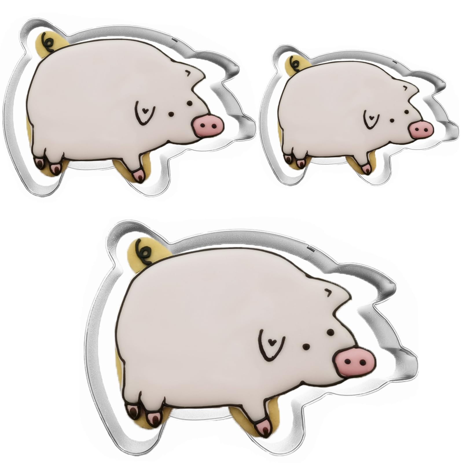 Large Size Pig Shaped Cookie Cutter Set Of 3 Pcs, Stainless Steel Mexican Marranitos Piggy Fondant Cutters, 4.6/3.6/2.6 Inches