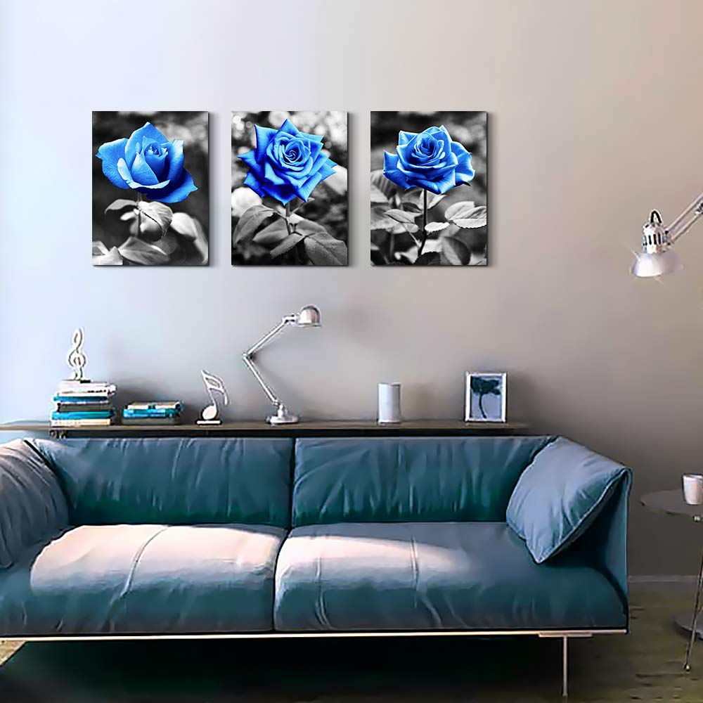 Bedroom Wall Art For Living Room Bathroom Wall Decor For Kitchen Family Pictures Artwork Black And White Blue Rose Flowers Canva