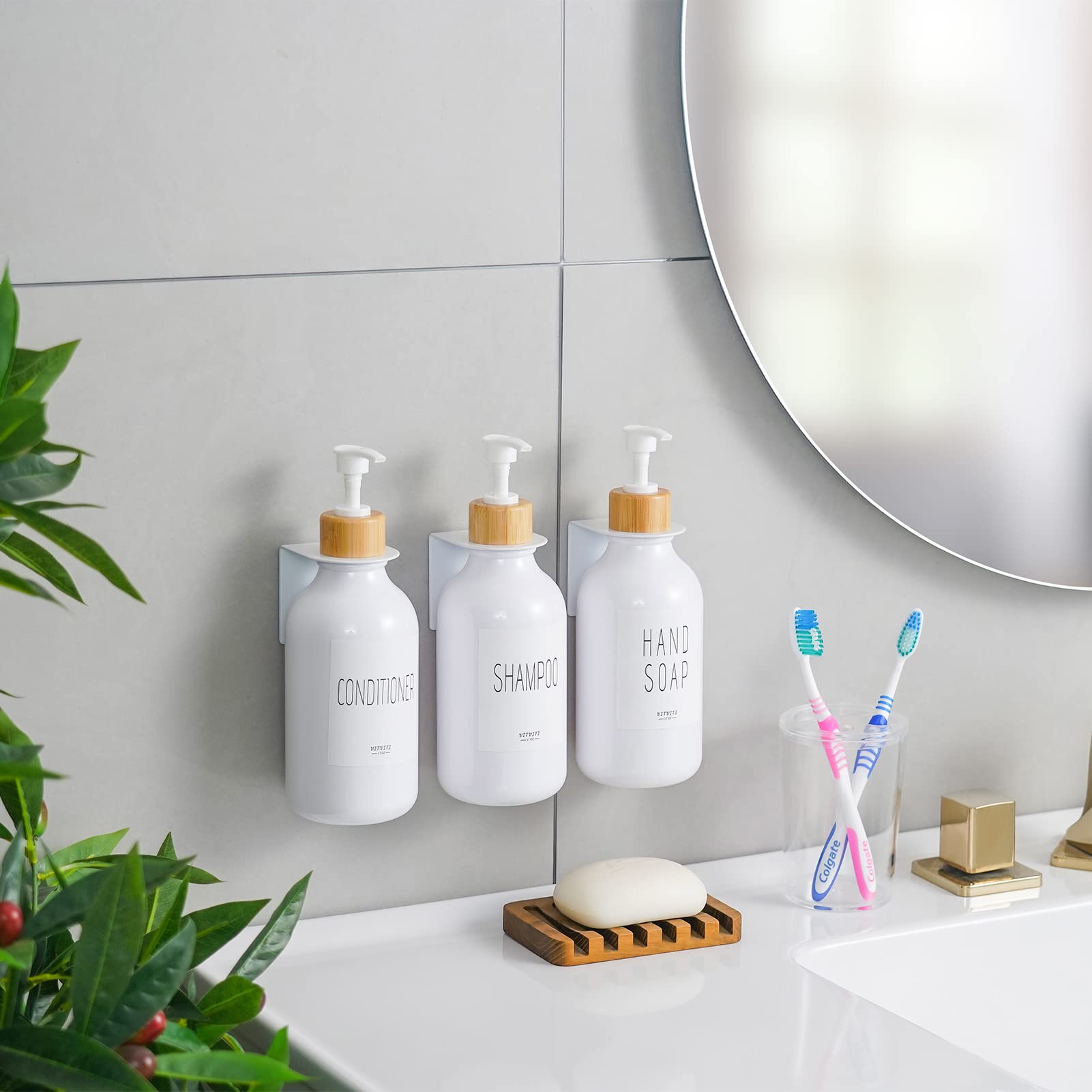 VITVITI 3-Chamber Shower Dispenser Set, Wall Mounted, 17oz PET Plastic, White