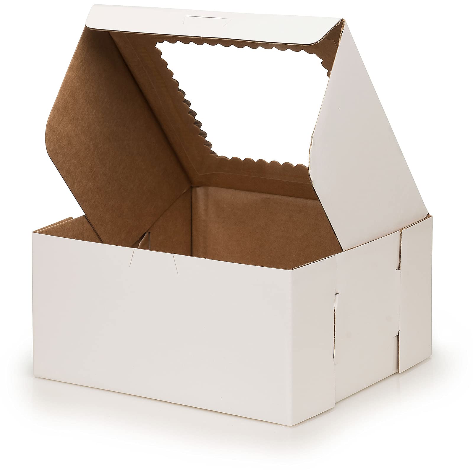 8'' X 8'' X 4'' Corrugated Fiberboard Glossy White Cake Box With Scalloped Window & 8'' Cake Boards (Pack Of 10 - Front Loading)