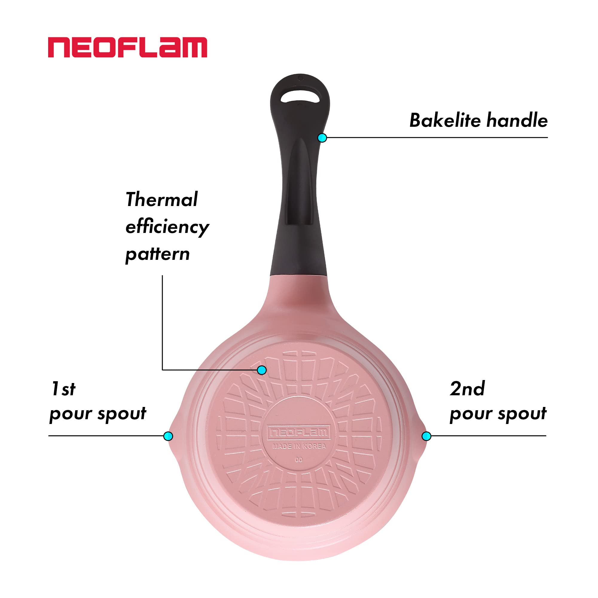 Neoflam 1qt Ceramic Saucepan Butter Warmer - PFOA-Free Nonstick, Pink, Model 51405, 2 Pour Spouts, Dishwasher Safe